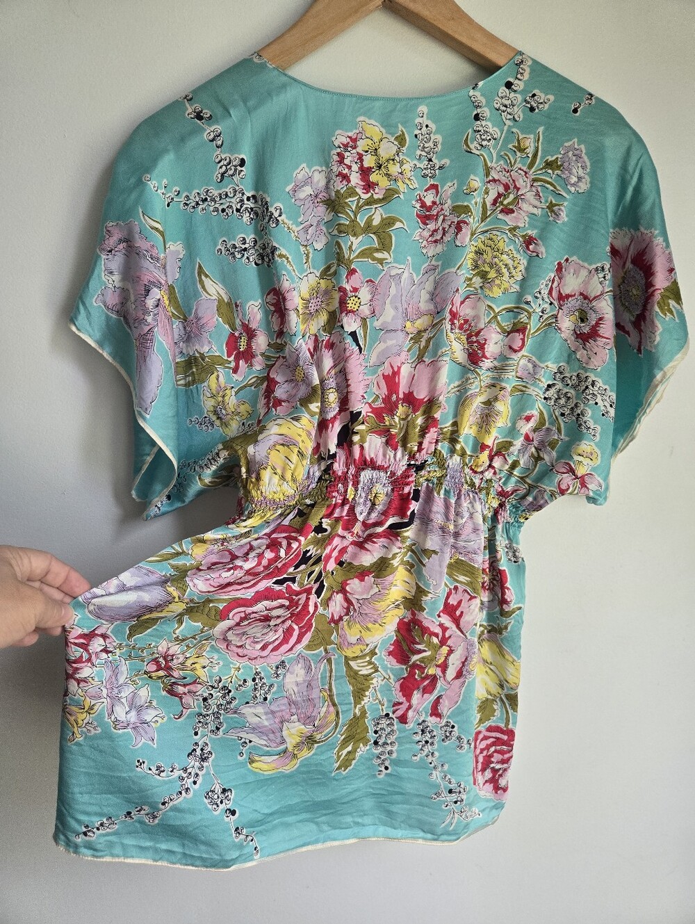 Vintage Kimono Floral Silky Tie-Front Top in Aqua - Picture 6 of 9